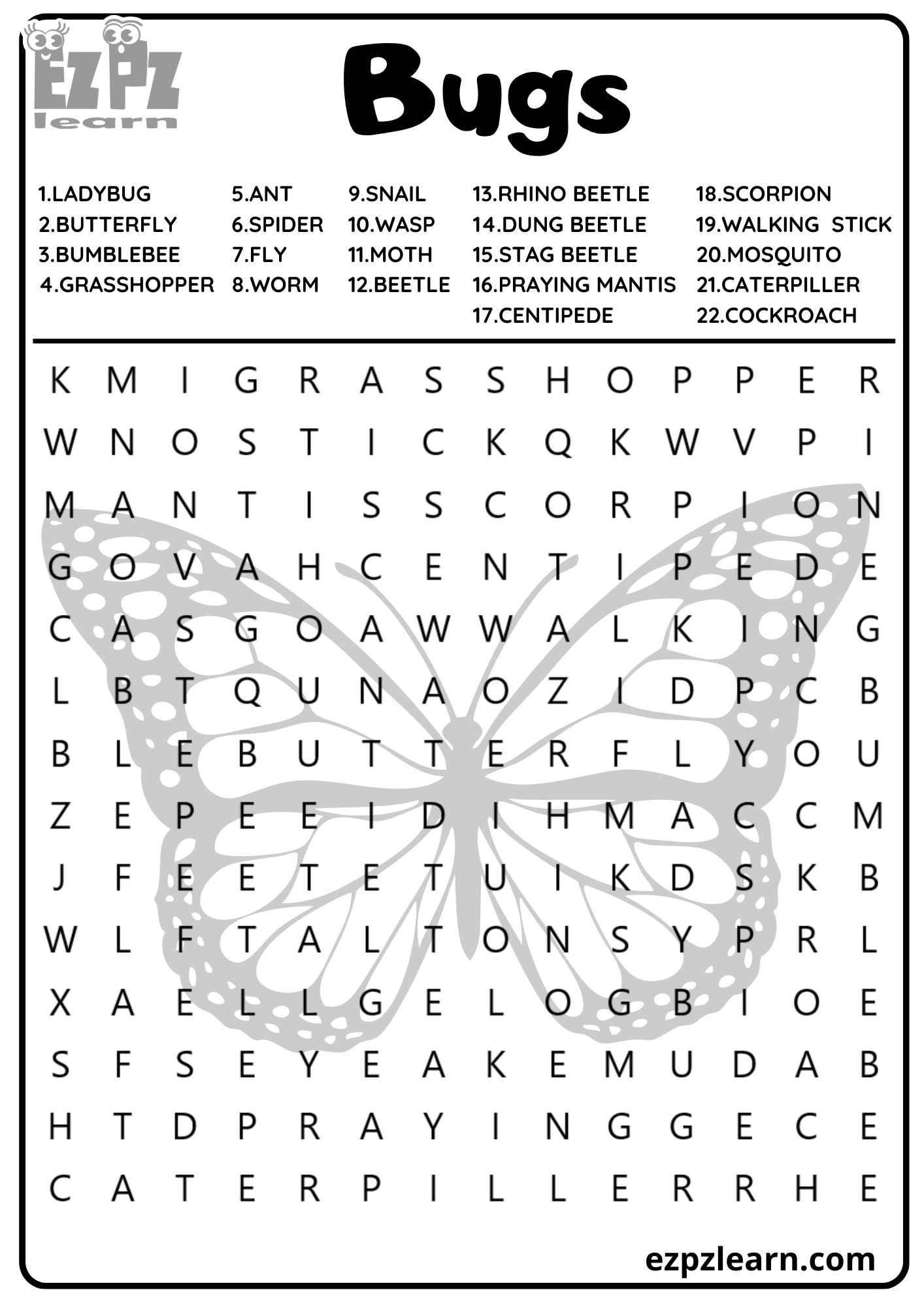 Insects and Bugs Vocabulary Word Search 22 Words For Kids and English Learners Free PDF Download